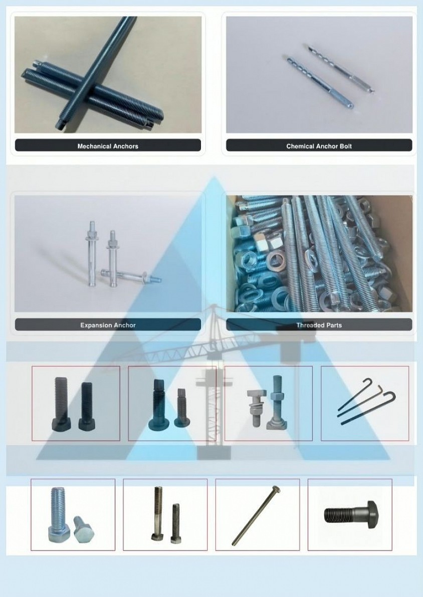 Anchoring and fastening products available in various sizes, with custom specifications upon request.